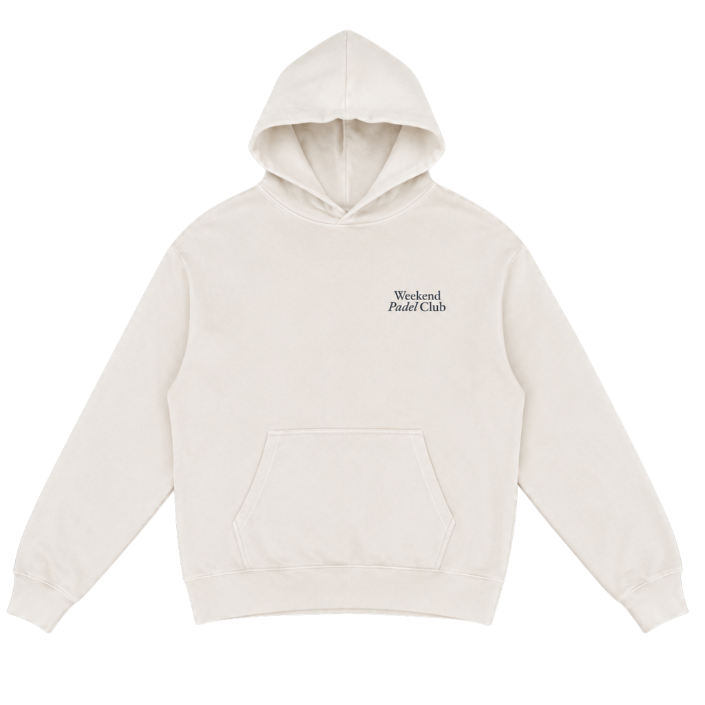Beige hoodie with 'Weekend Padel Club' text on chest