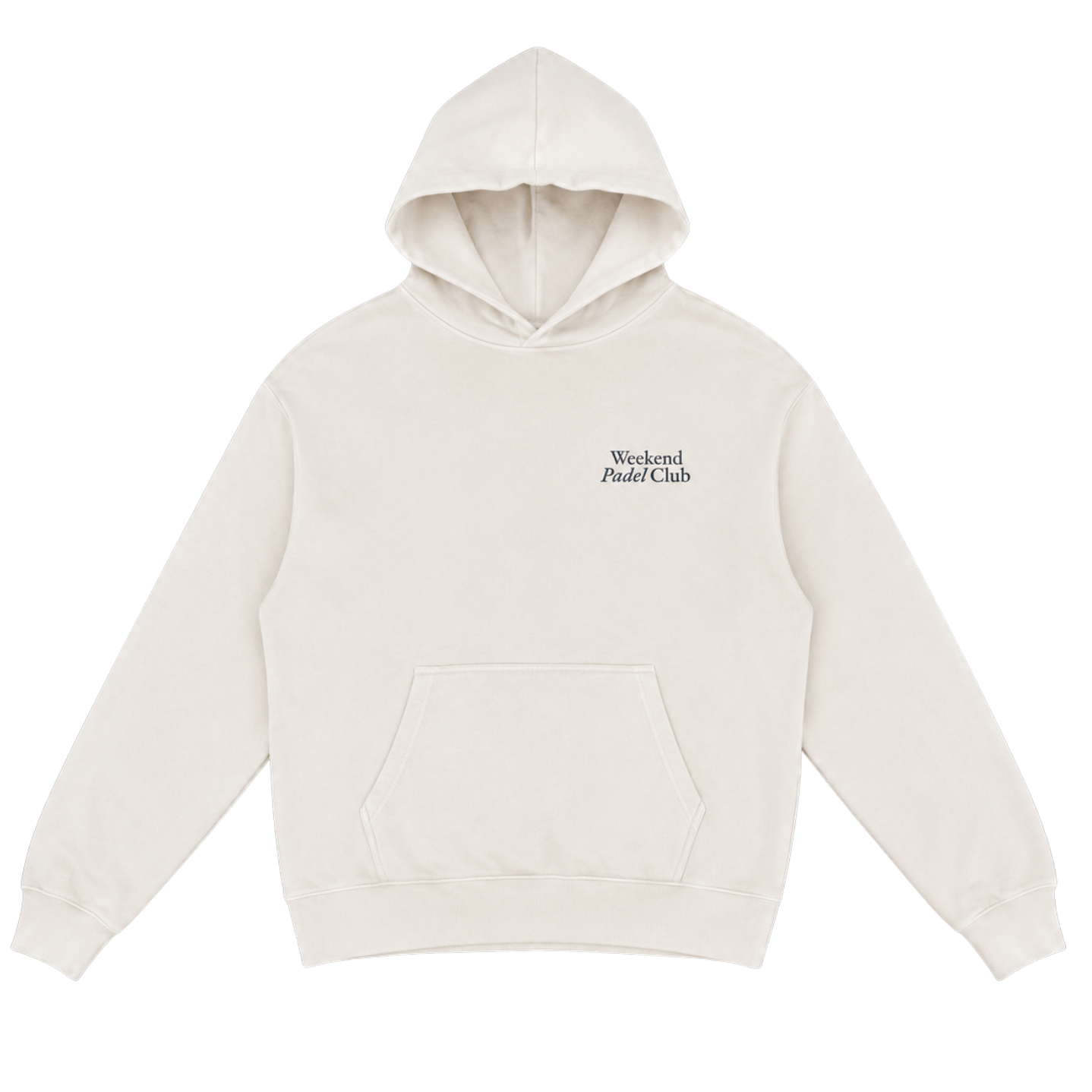 Beige hoodie with 'Weekend Padel Club' text on chest