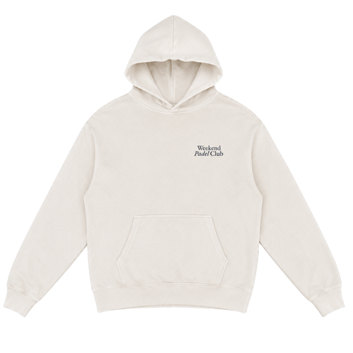 Beige hoodie with 'Weekend Padel Club' text on chest