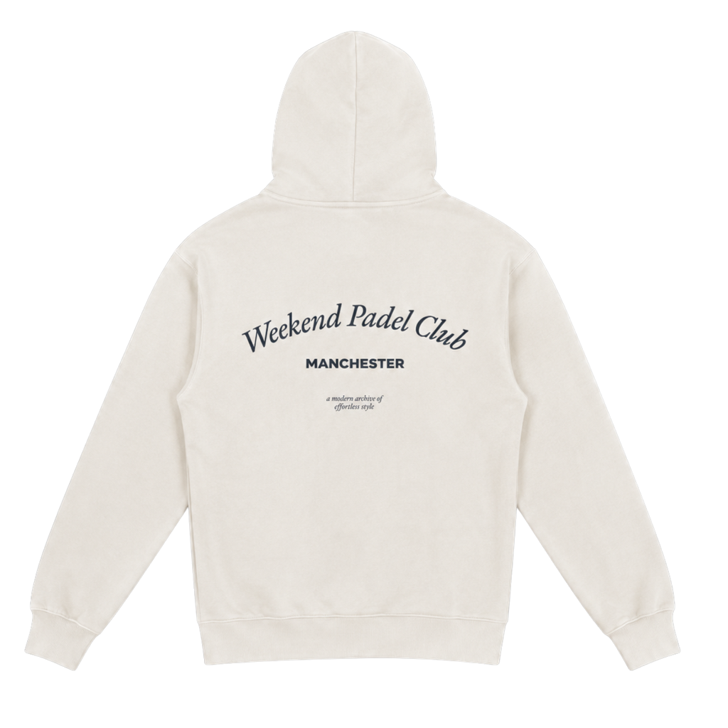 Beige hoodie with 'Weekend Padel Club Manchester' text on back