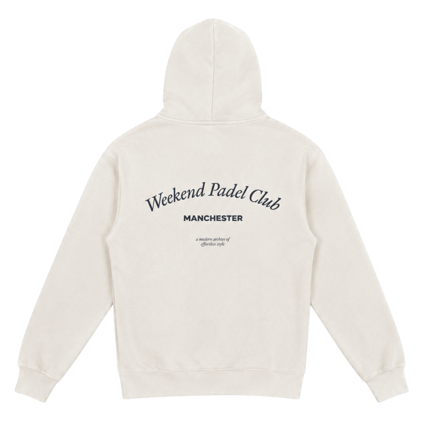 Beige hoodie with 'Weekend Padel Club Manchester' text on back