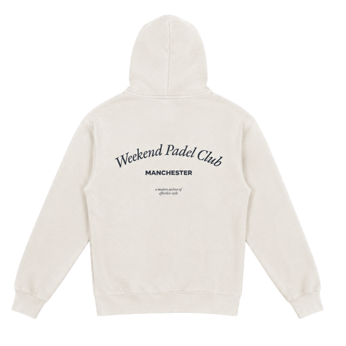 Beige hoodie with 'Weekend Padel Club Manchester' text on back