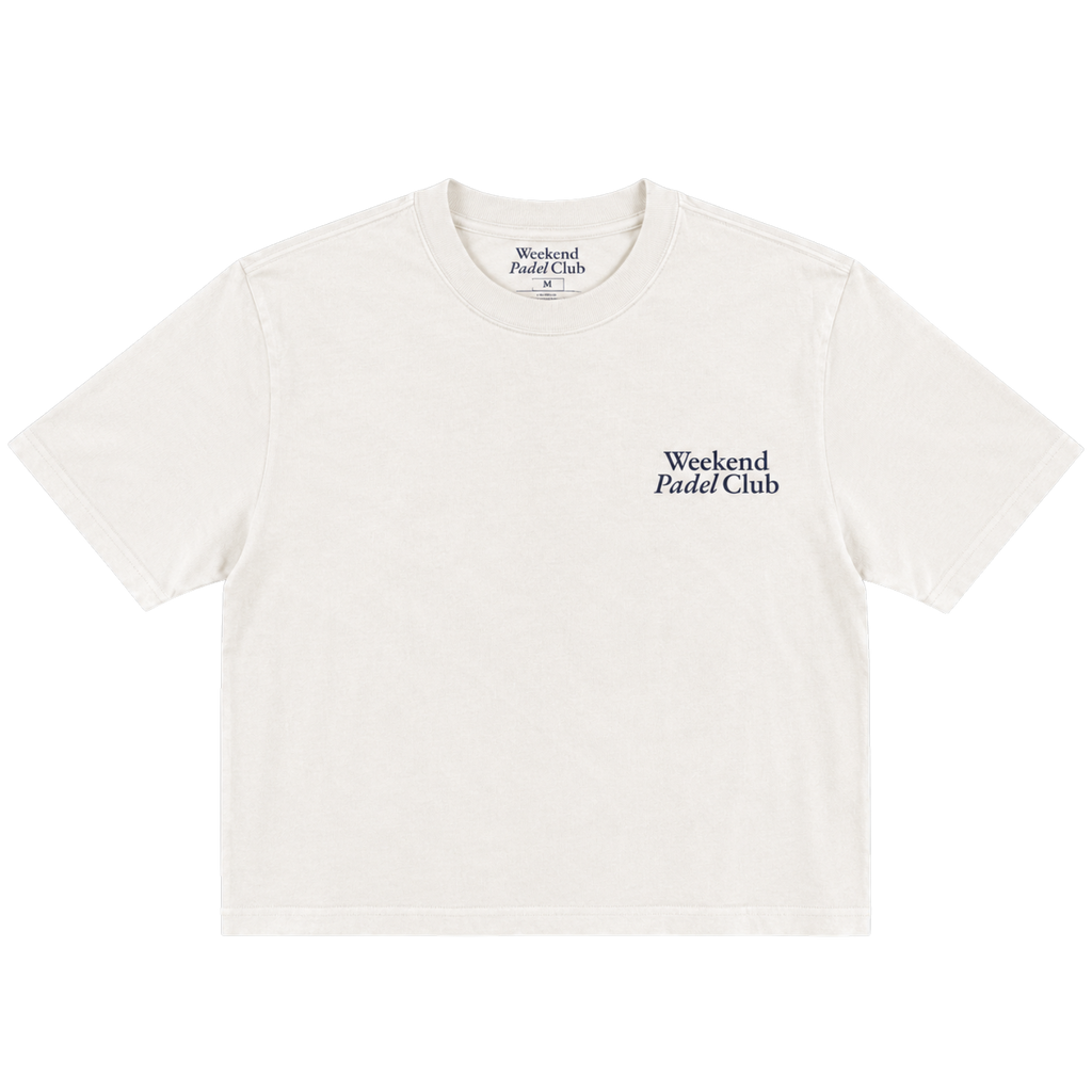 Natural colour t-shirt with 'Weekend Paele Club' text on chest