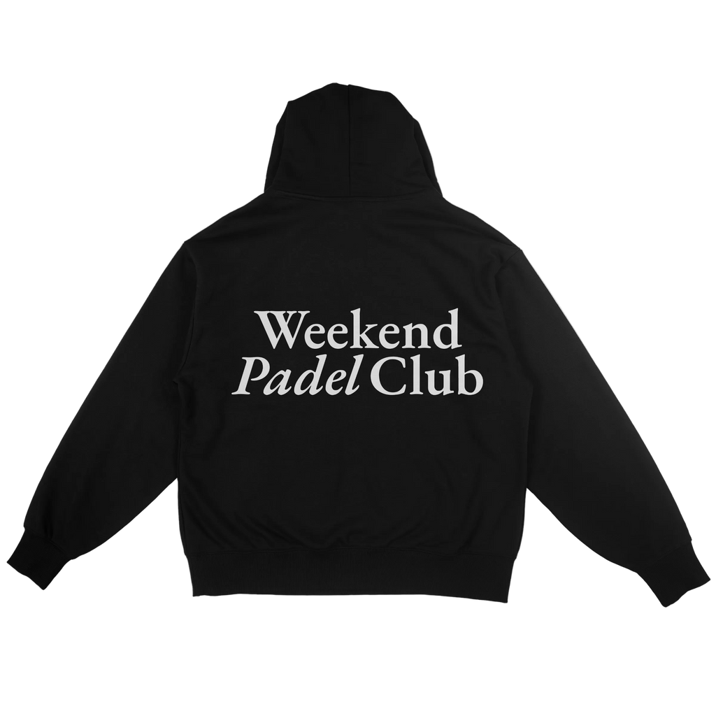 Black hoodie with 'Weekend Padel Club' text on the back against a white background