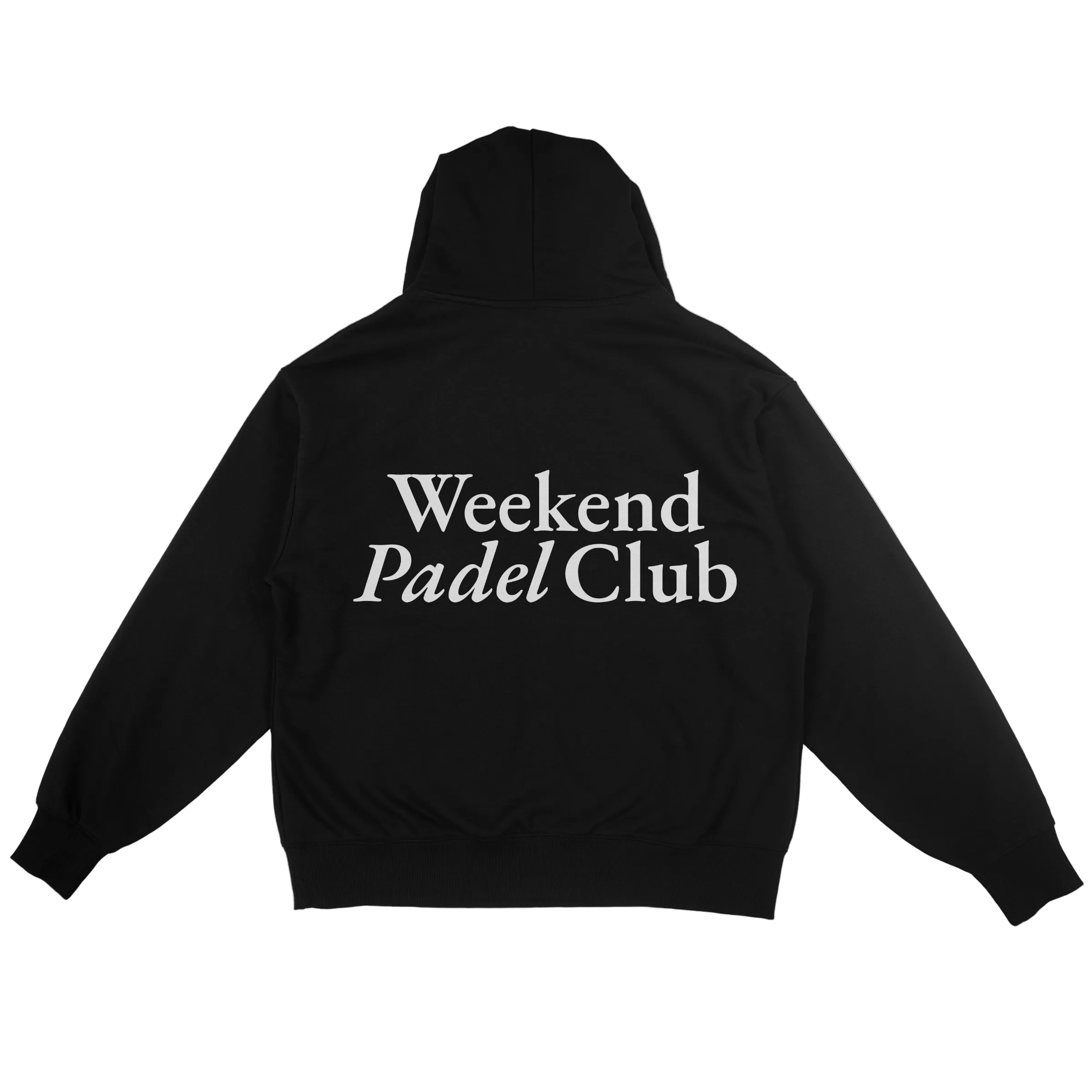 Black hoodie with 'Weekend Padel Club' text on the back against a white background