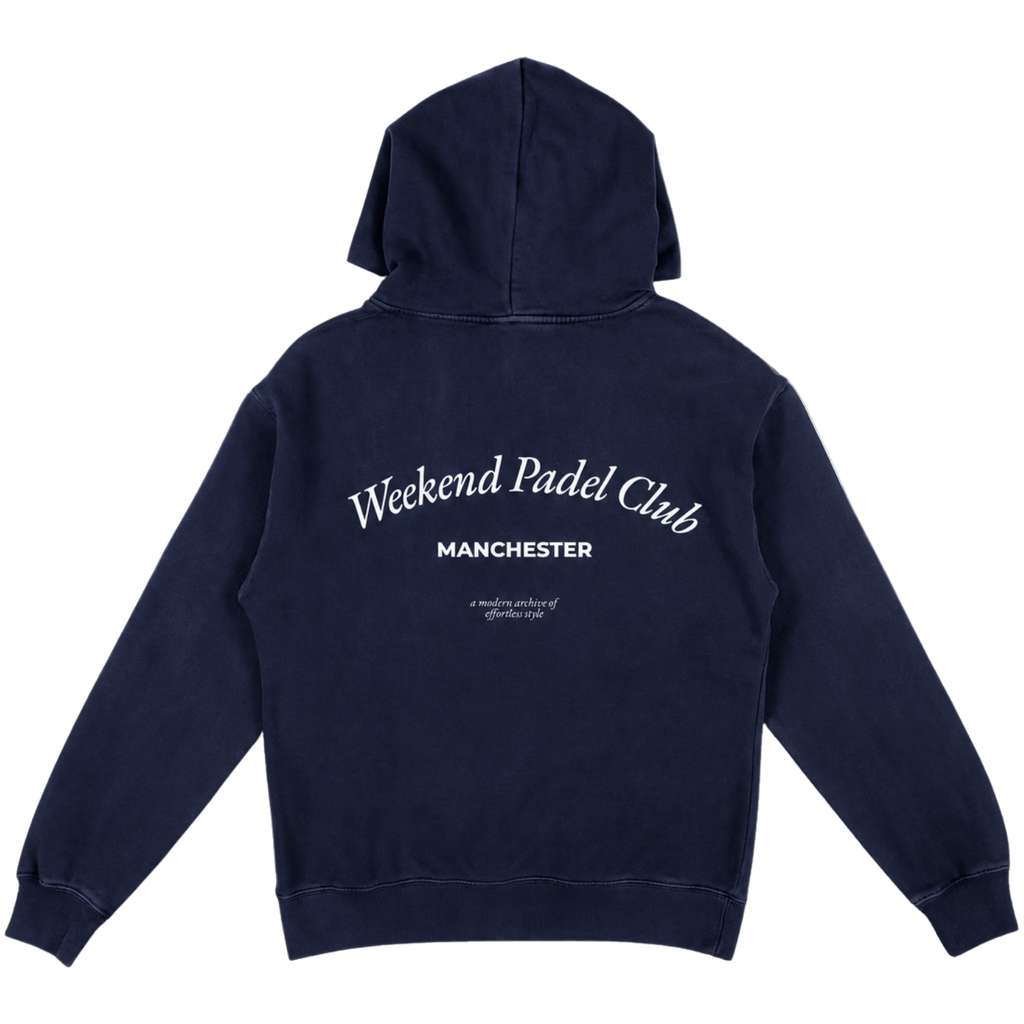 Navy hoodie with 'Weekend Padel Club Manchester' text on the back
