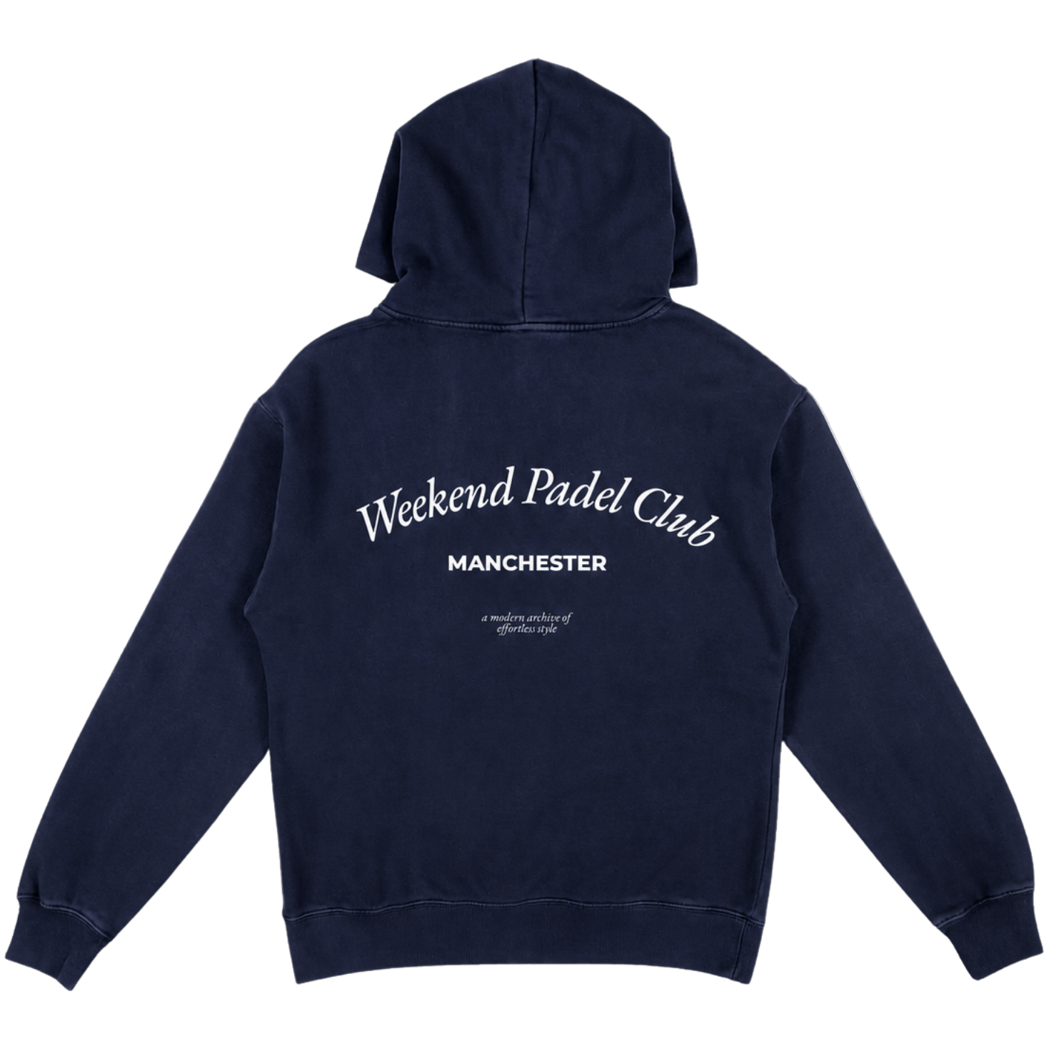 Navy hoodie with 'Weekend Padel Club Manchester' text on the back