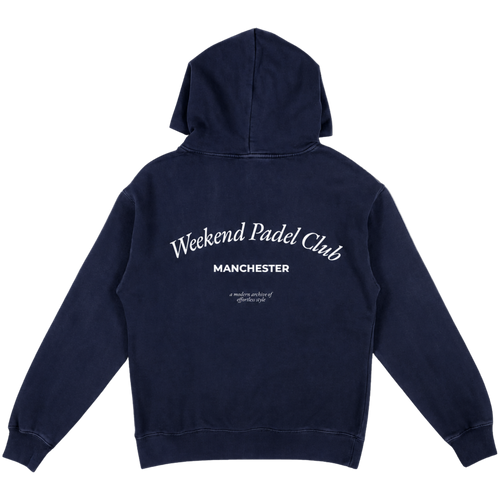 Navy hoodie with 'Weekend Padel Club Manchester' text on the back