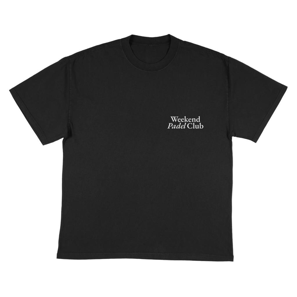 Black t-shirt with 'Weekend Padel Club' text 