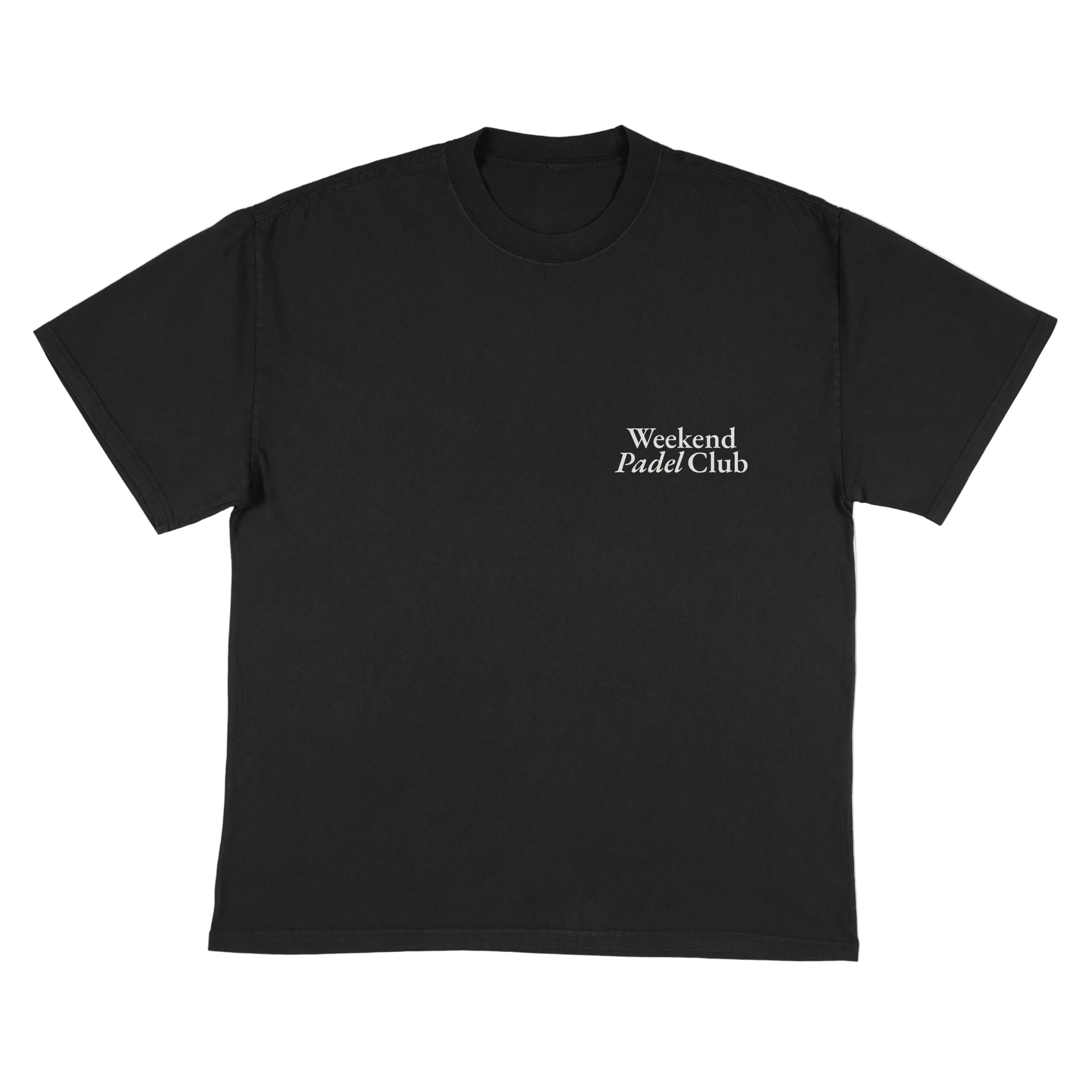 Black t-shirt with 'Weekend Padel Club' text 