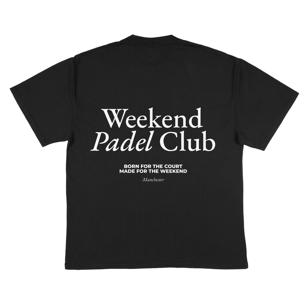 Black t-shirt with 'Weekend Padel Club' text 