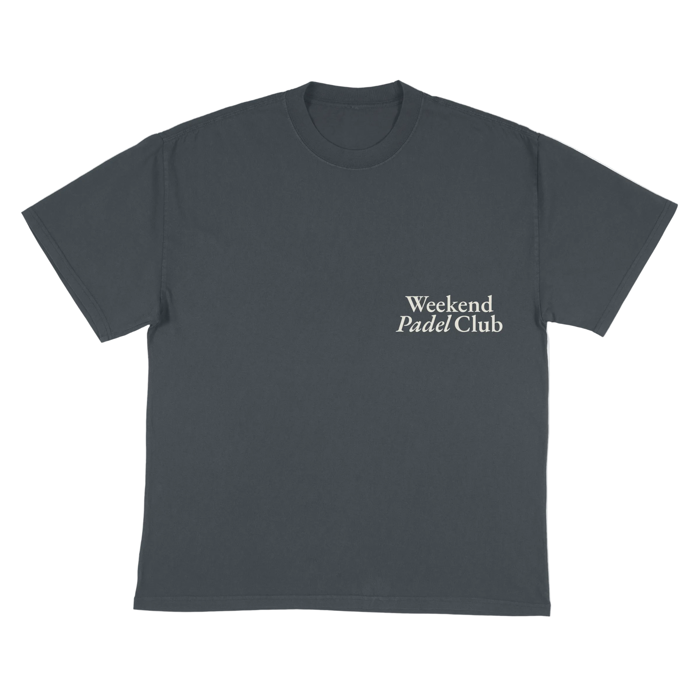 Navy t-shirt with 'Weekend Padel Club' text in white