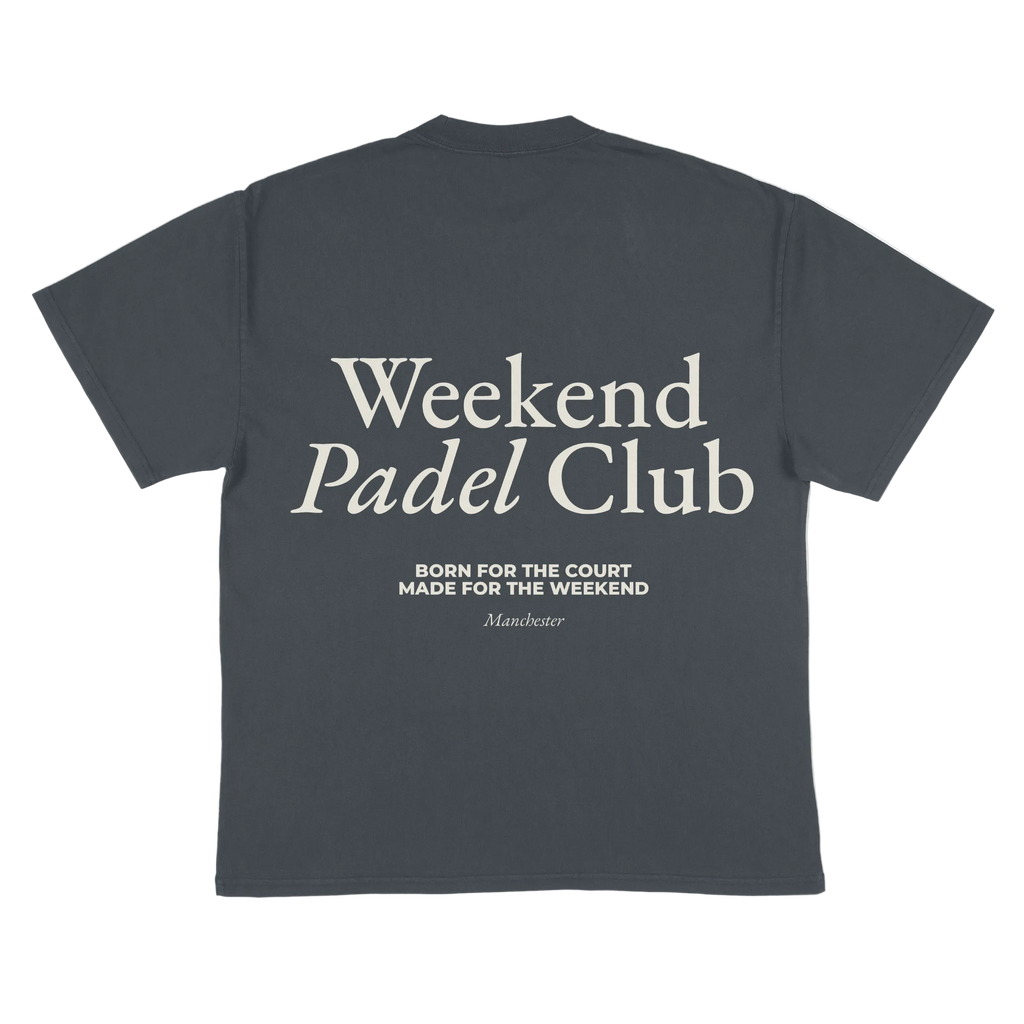 Blue t-shirt with 'Weekend Padel Club' text in white