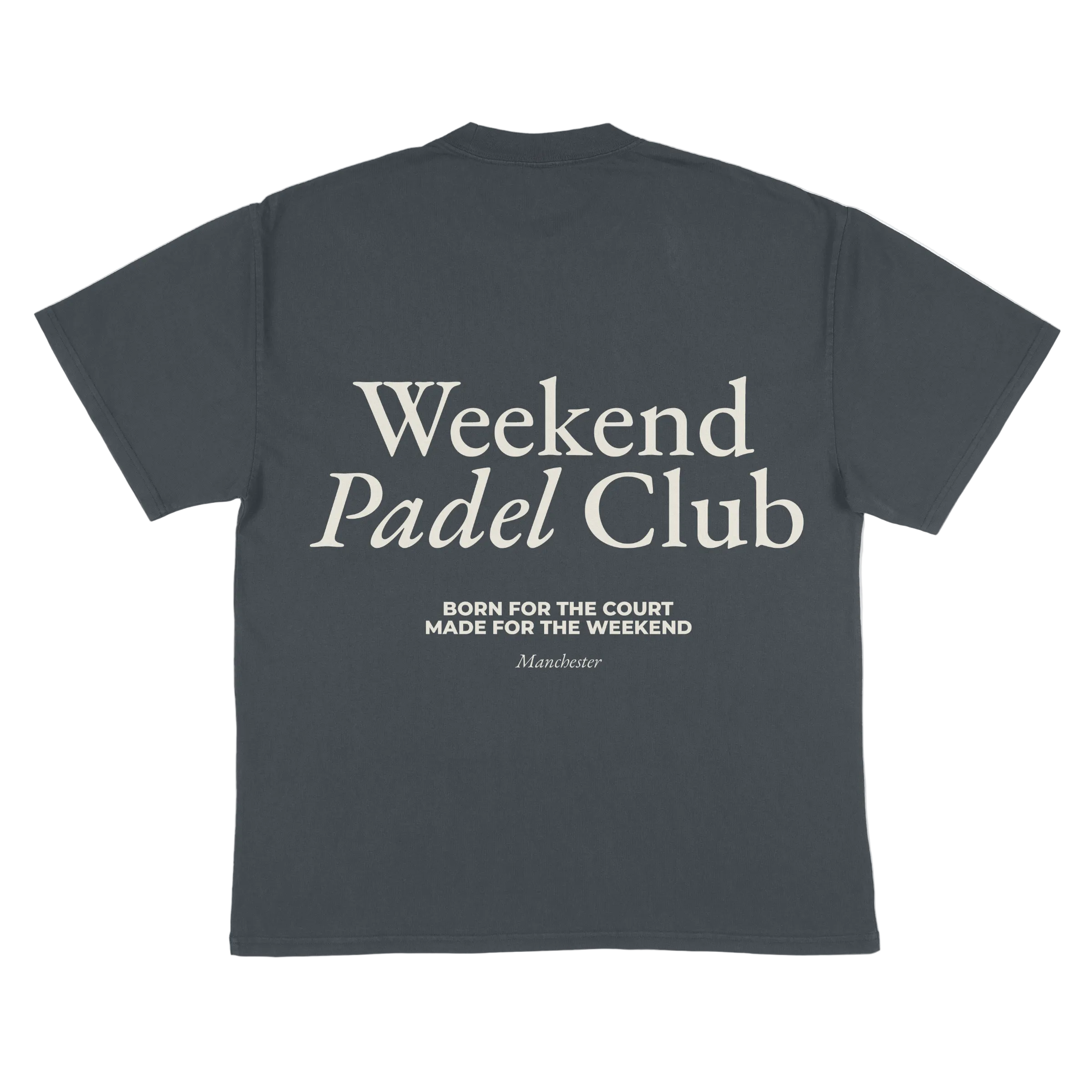 Blue t-shirt with 'Weekend Padel Club' text in white