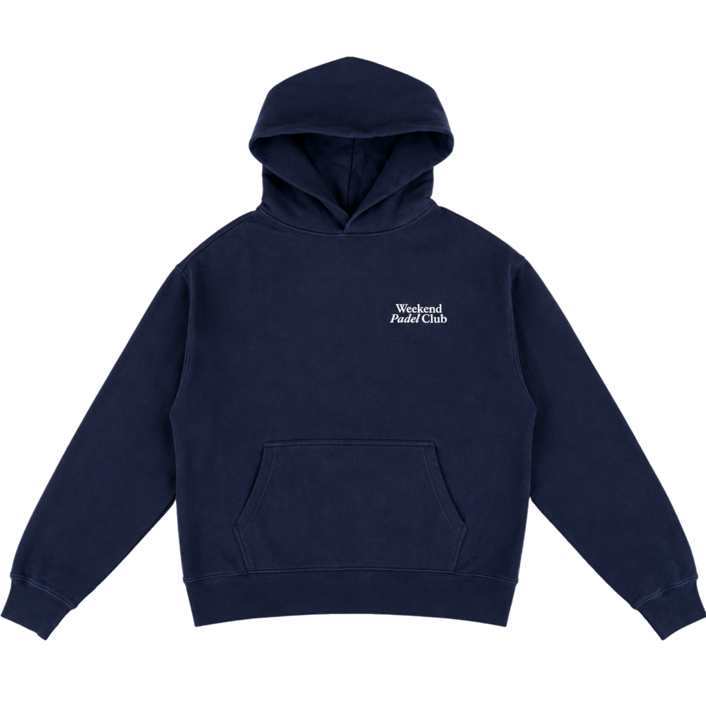 Navy blue hoodie with a small logo 