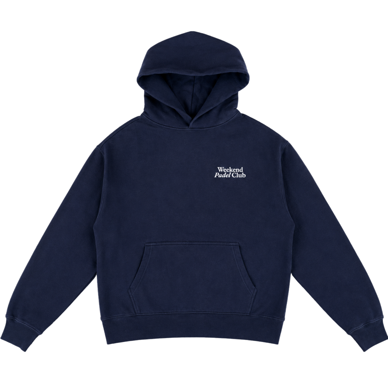 Navy blue hoodie with a small logo 