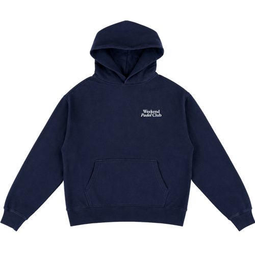 Navy blue hoodie with a small logo 