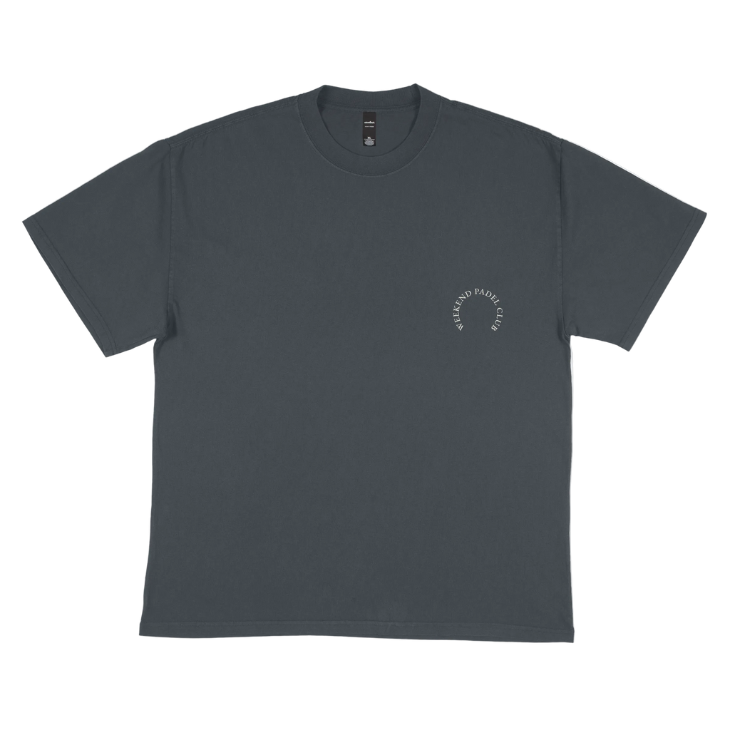 Gray t-shirt with a small logo on a white background