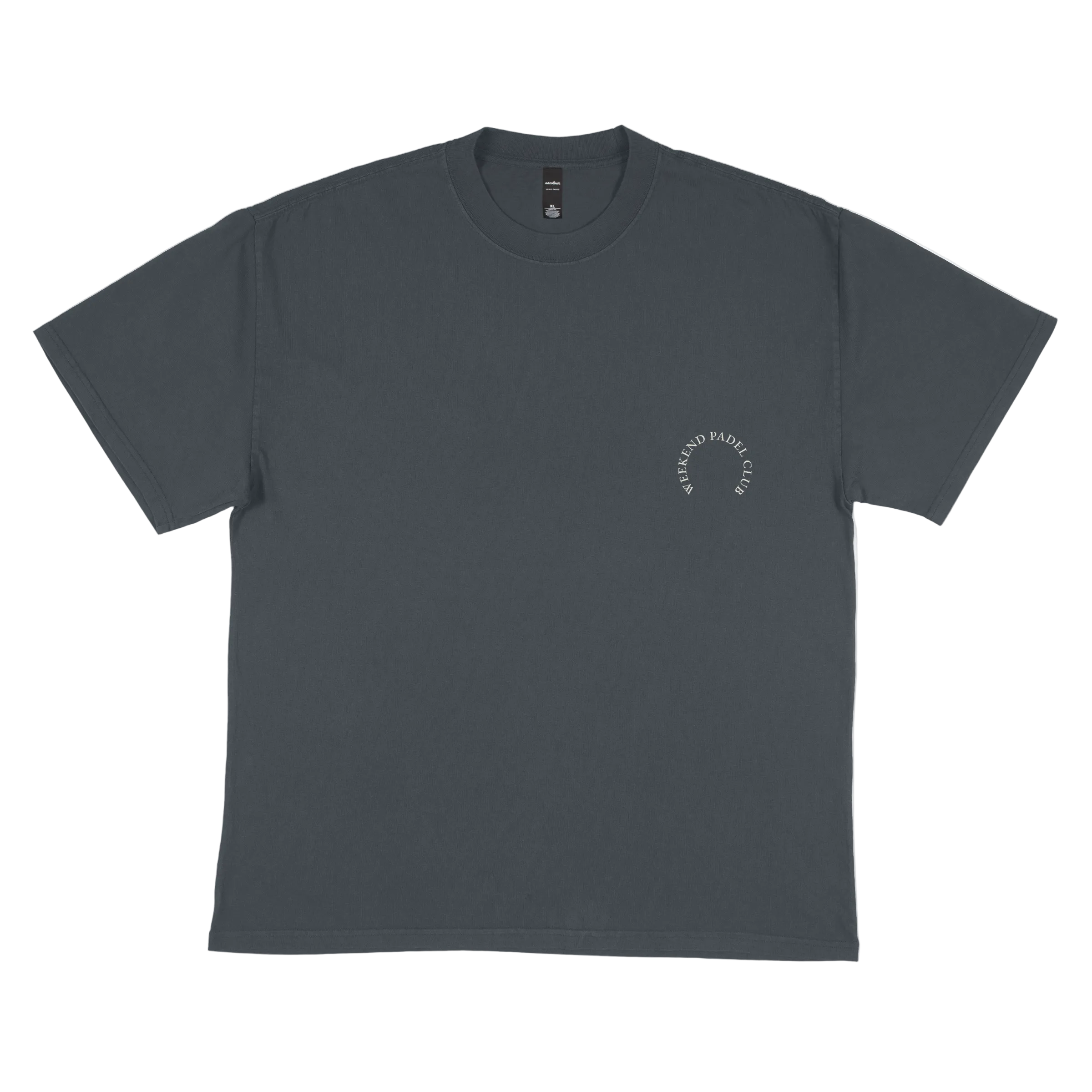 Gray t-shirt with a small logo on a white background