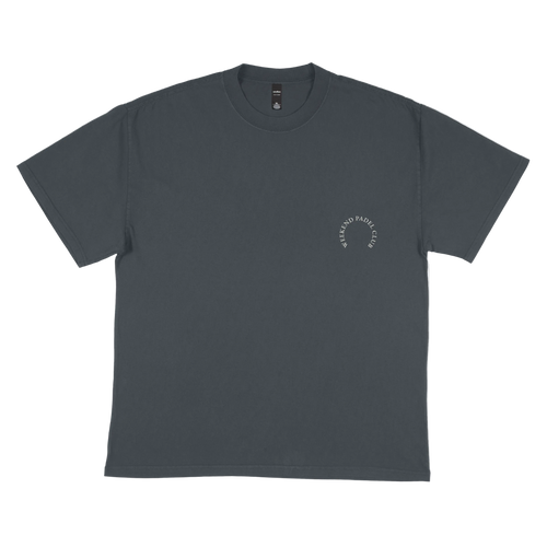 Gray t-shirt with a small logo on a white background