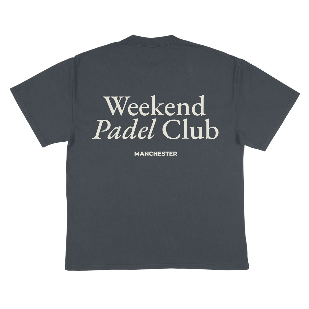 Black t-shirt with 'Weekend Padel Club Manchester' text on the back against a white background