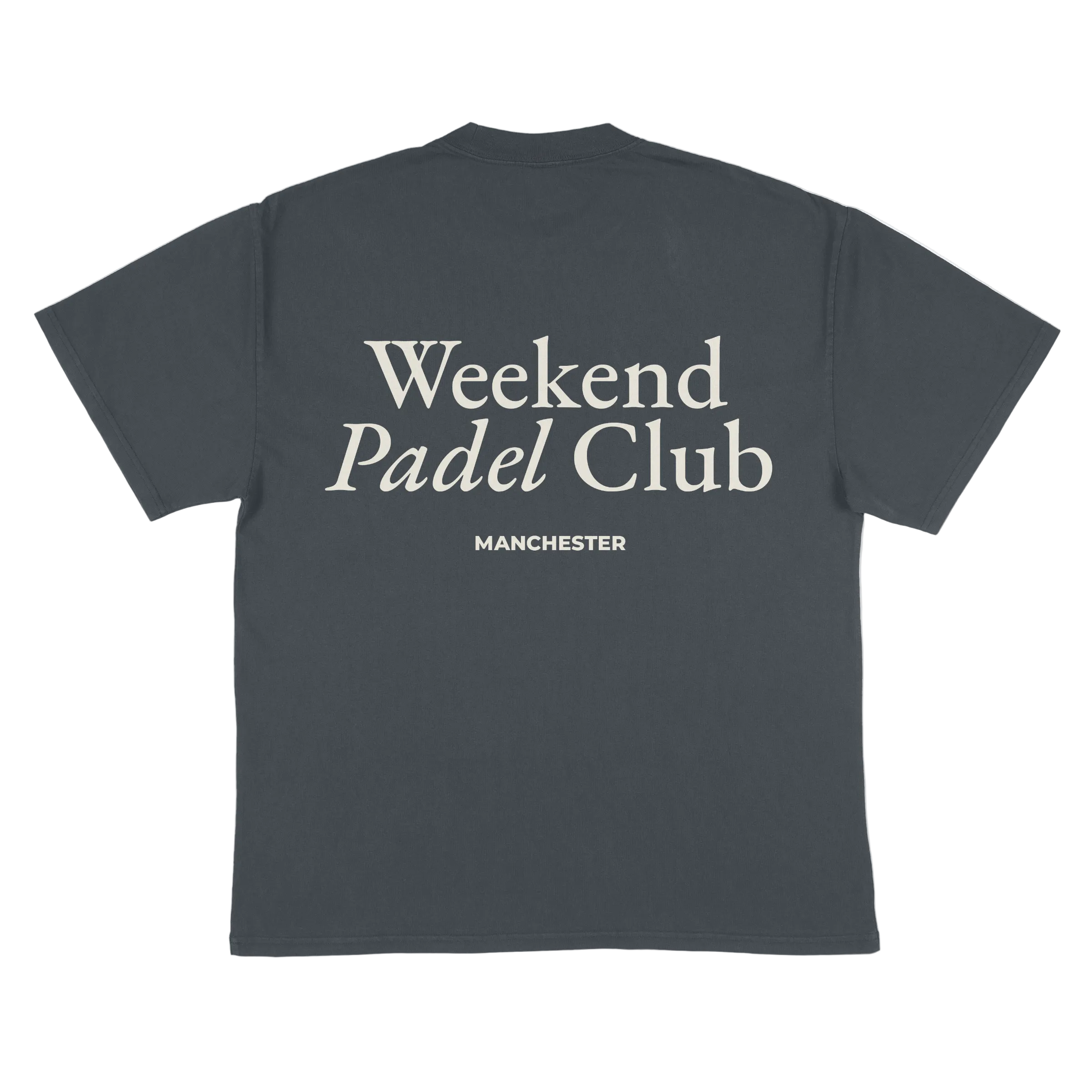 Black t-shirt with 'Weekend Padel Club Manchester' text on the back against a white background