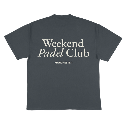 Black t-shirt with 'Weekend Padel Club Manchester' text on the back against a white background