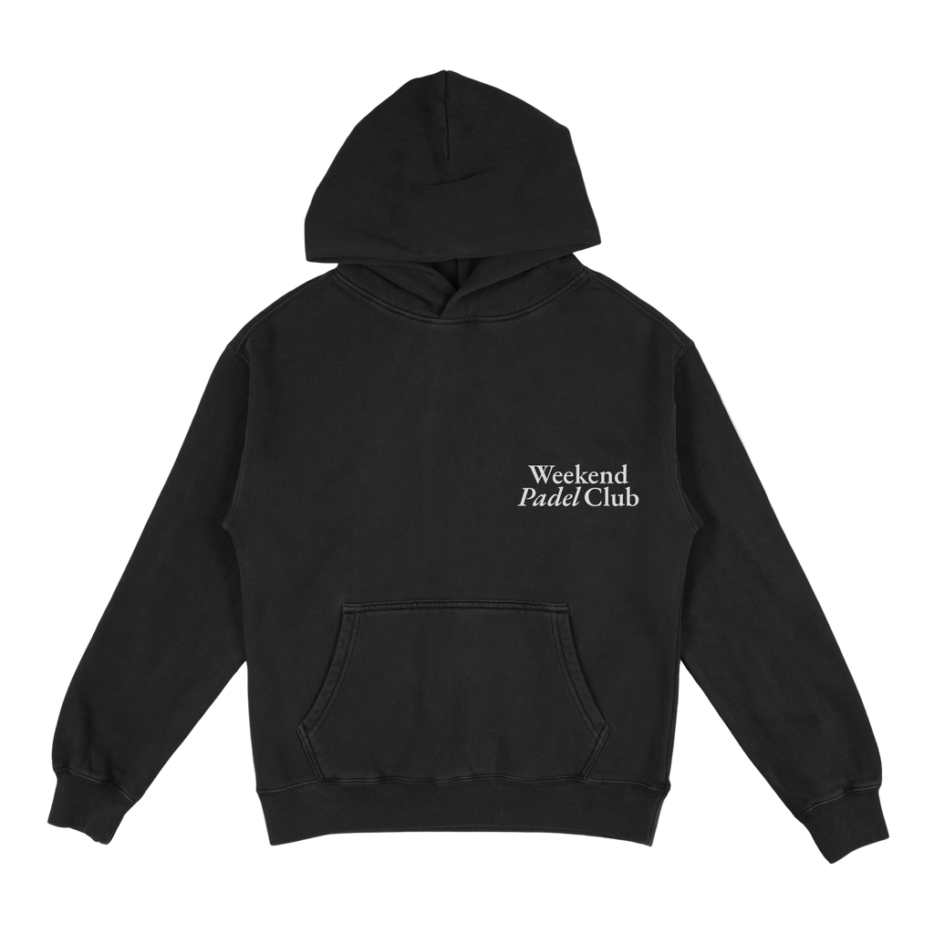 Black hoodie with 'Weekend Padel Club' text on a white background