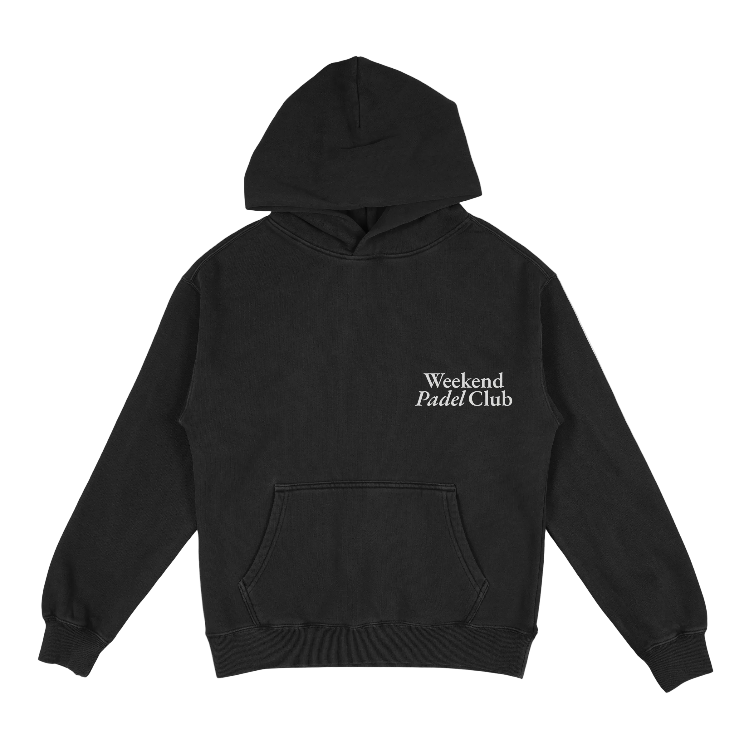 Black hoodie with 'Weekend Padel Club' text on a white background