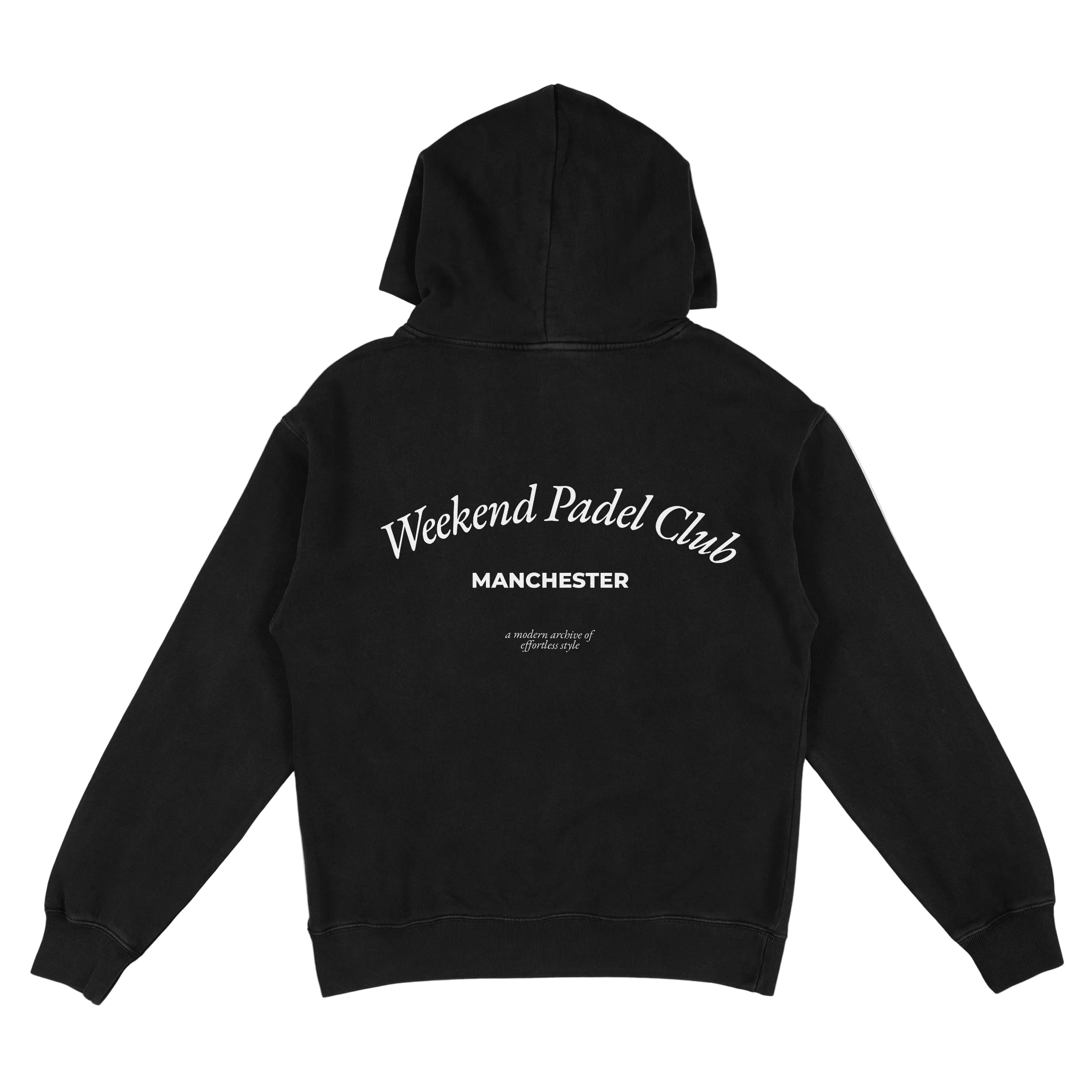 Black hoodie with 'Weekend Padel Club Manchester' text on the back against a white background