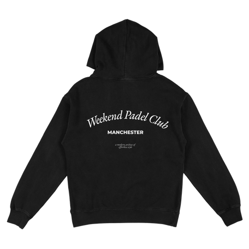 Black hoodie with 'Weekend Padel Club Manchester' text on the back against a white background