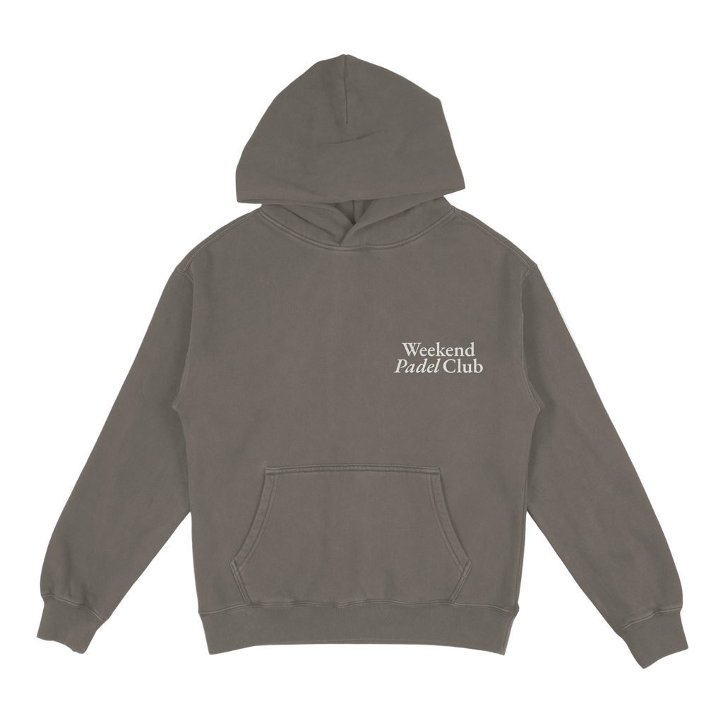 Gray hoodie with 'Weekend Padel Club' text on a white background