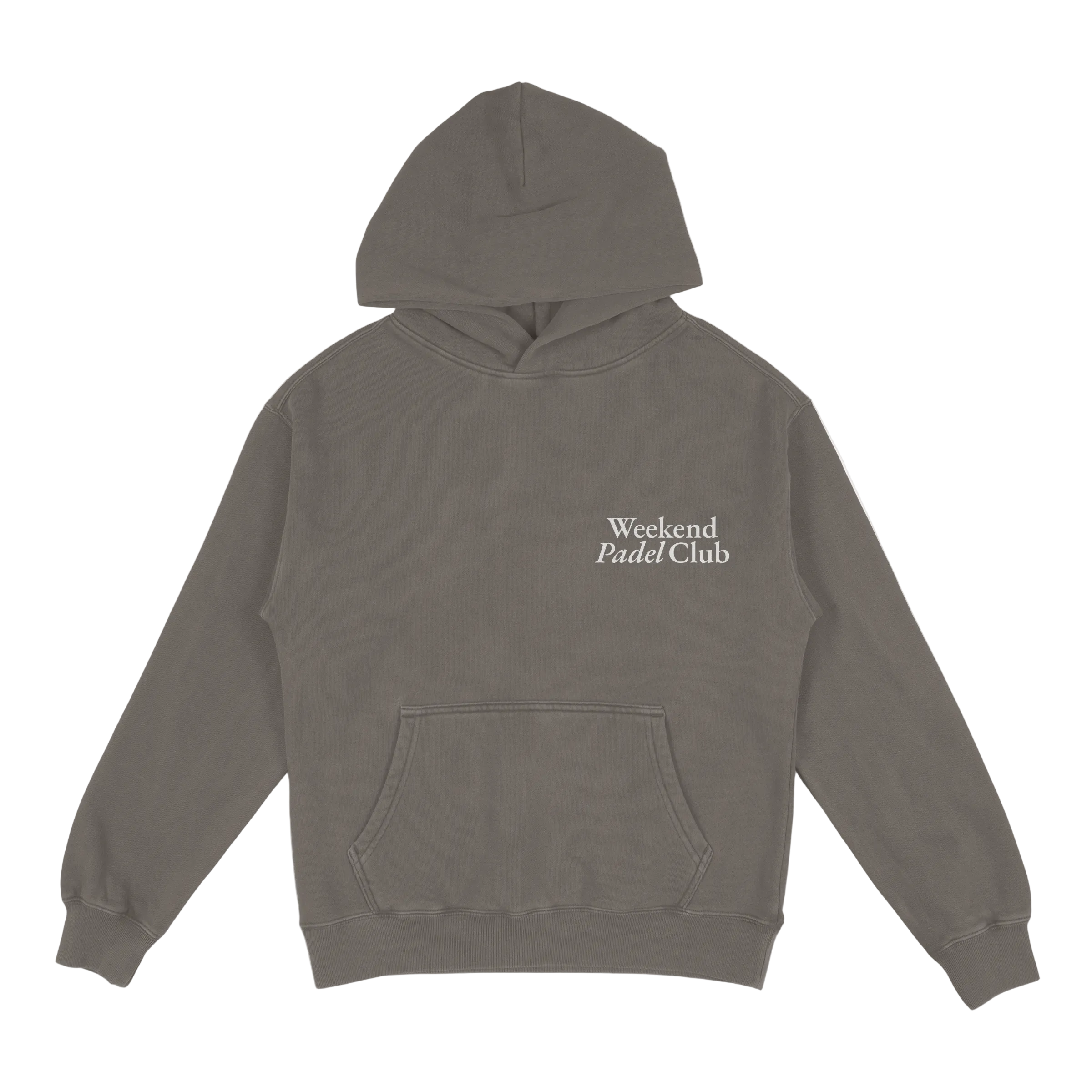Gray hoodie with 'Weekend Padel Club' text on a white background