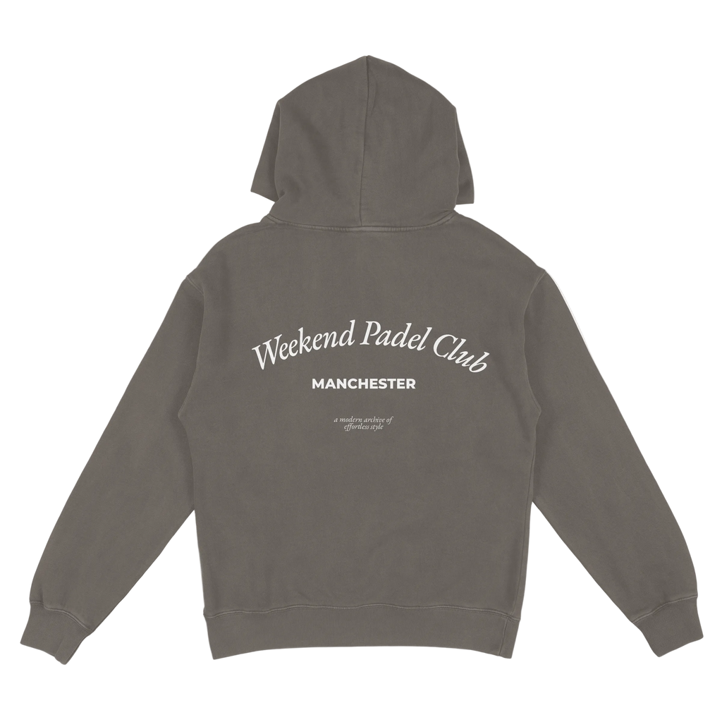 Gray hoodie with 'Weekend Padel Club Manchester' text on the back against a white background