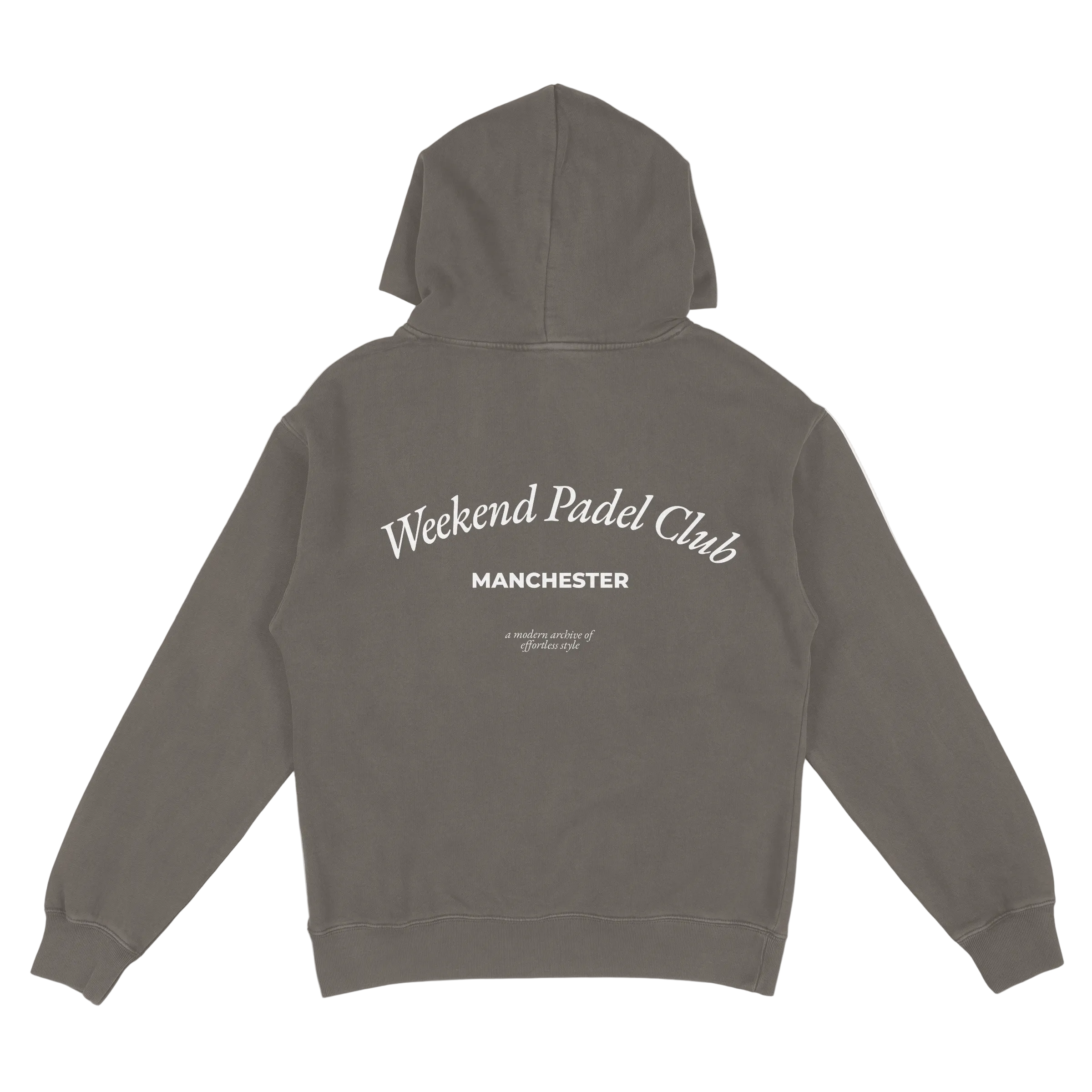 Gray hoodie with 'Weekend Padel Club Manchester' text on the back against a white background
