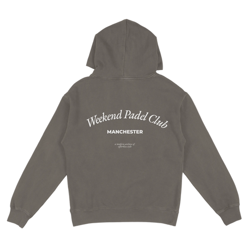 Gray hoodie with 'Weekend Padel Club Manchester' text on the back against a white background