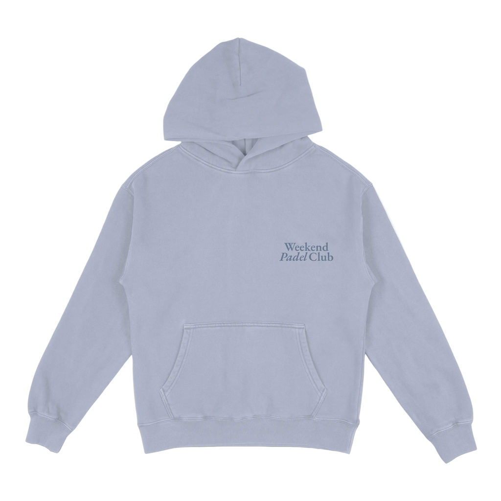 Light blue hoodie with 'Weekend Paddle Club' text on a white background