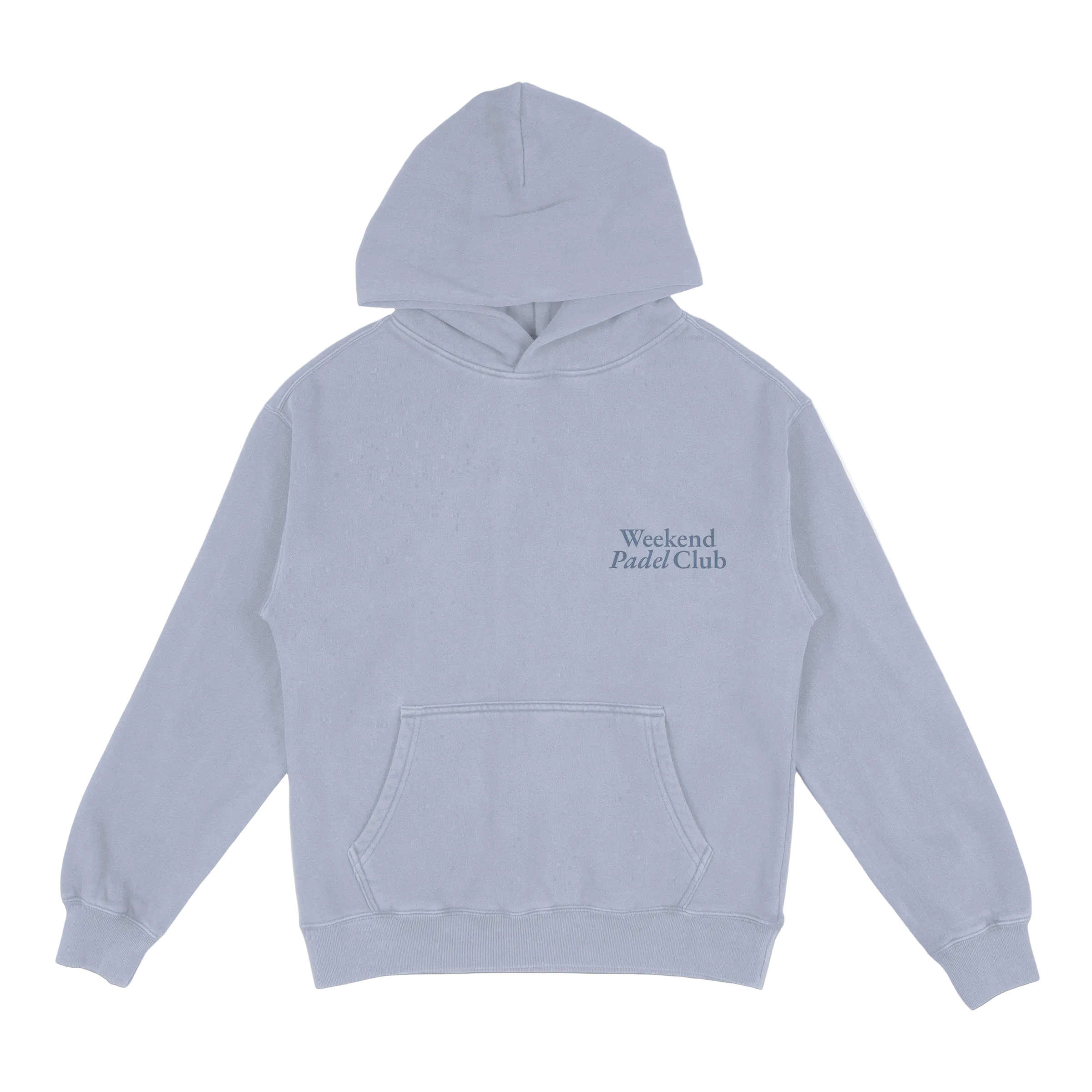Light blue hoodie with 'Weekend Paddle Club' text on a white background