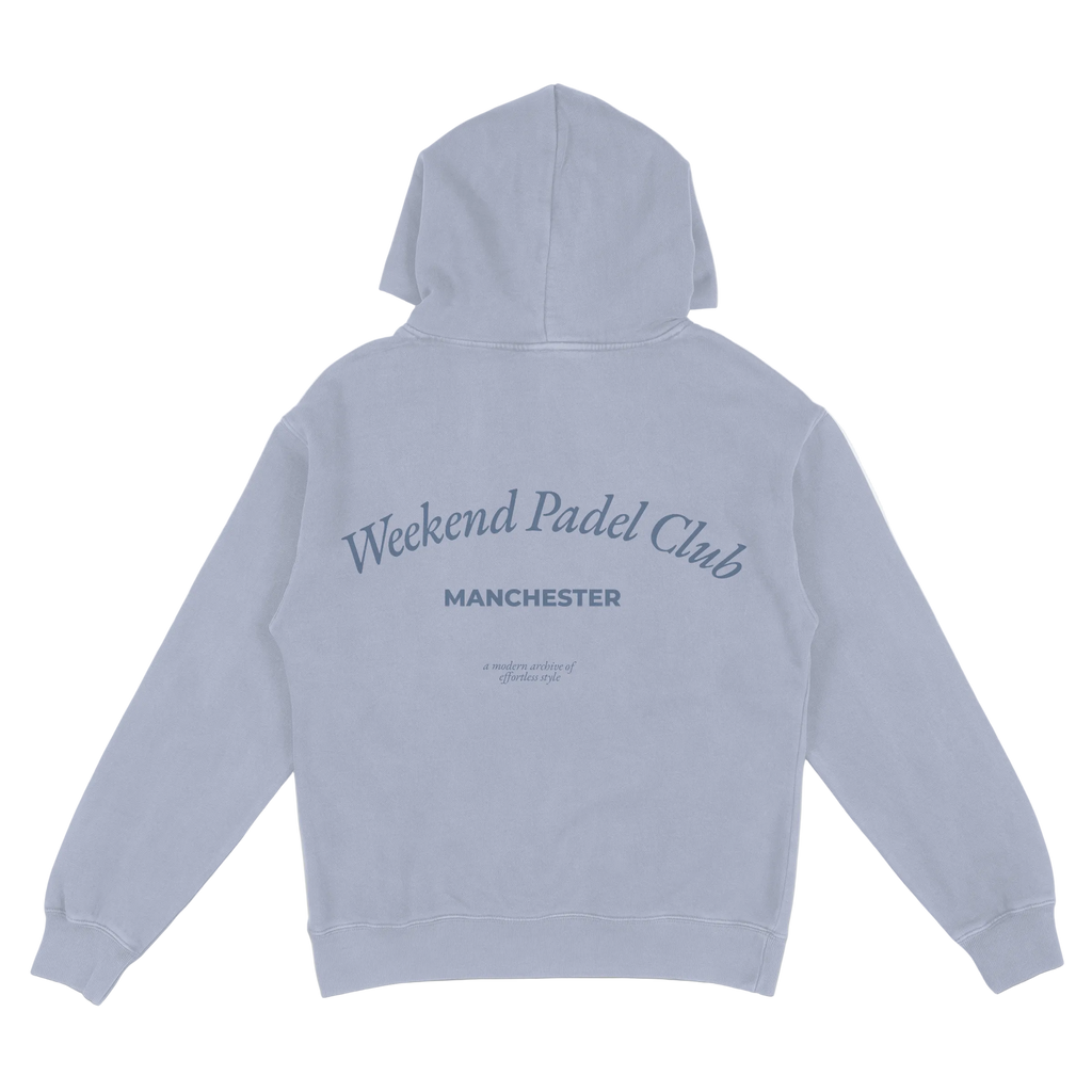 Light blue hoodie with 'Weekend Padel Club Manchester' text on the back against a white background
