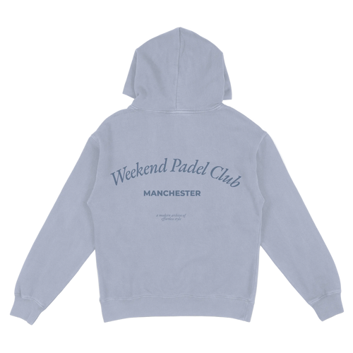 Light blue hoodie with 'Weekend Padel Club Manchester' text on the back against a white background