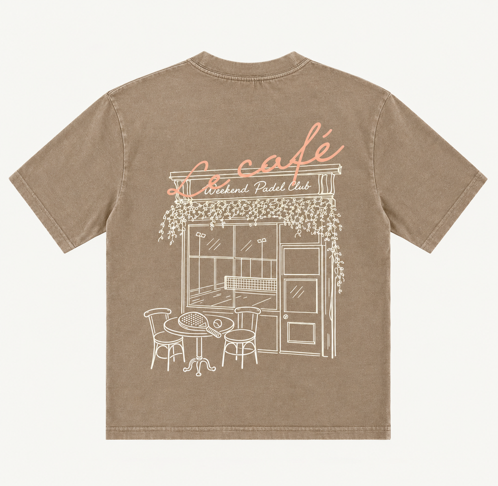 Brown Tshirt with Weekend Padel Club branding on a coffee shop graphic