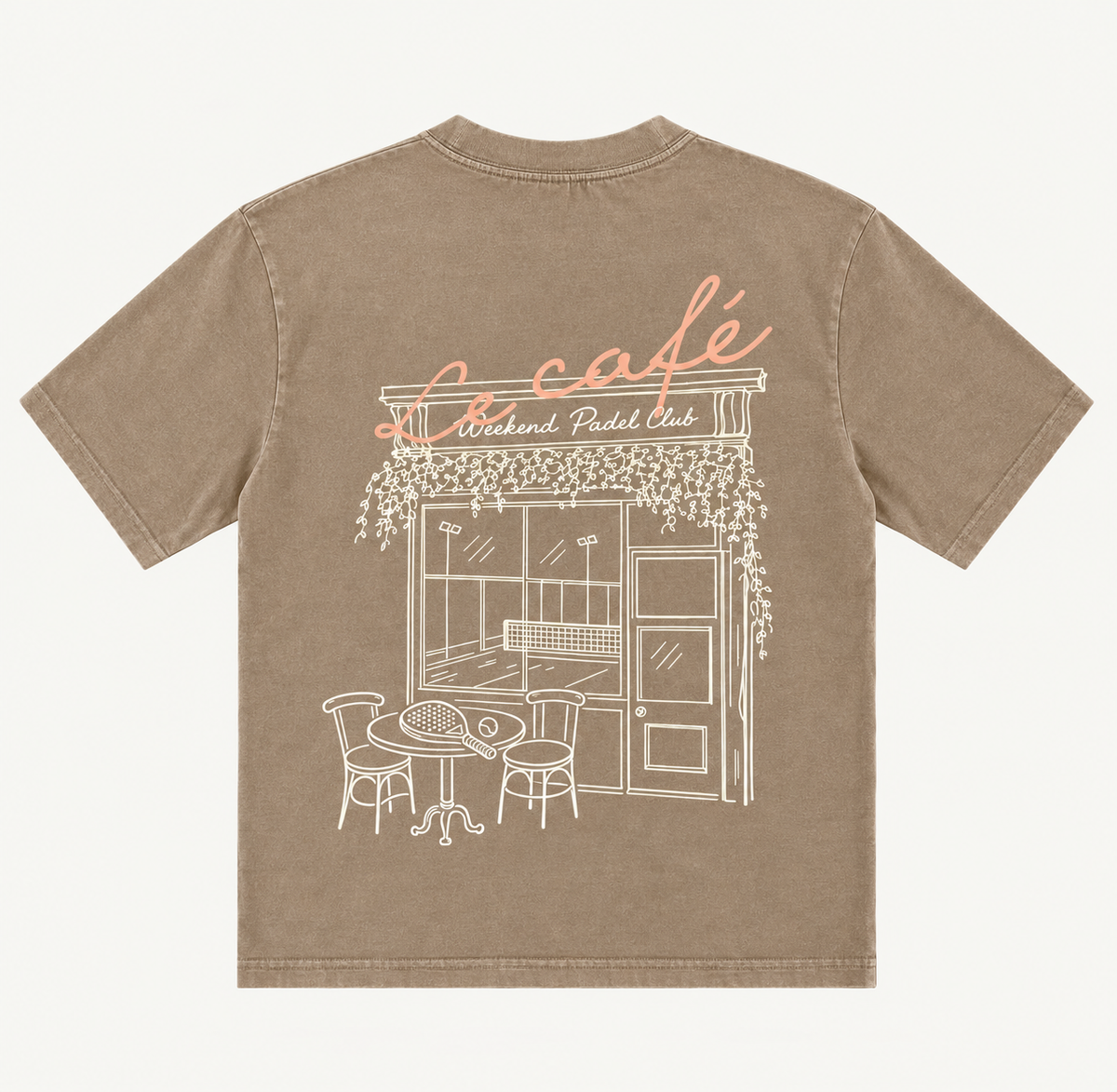 Brown Tshirt with Weekend Padel Club branding on a coffee shop graphic