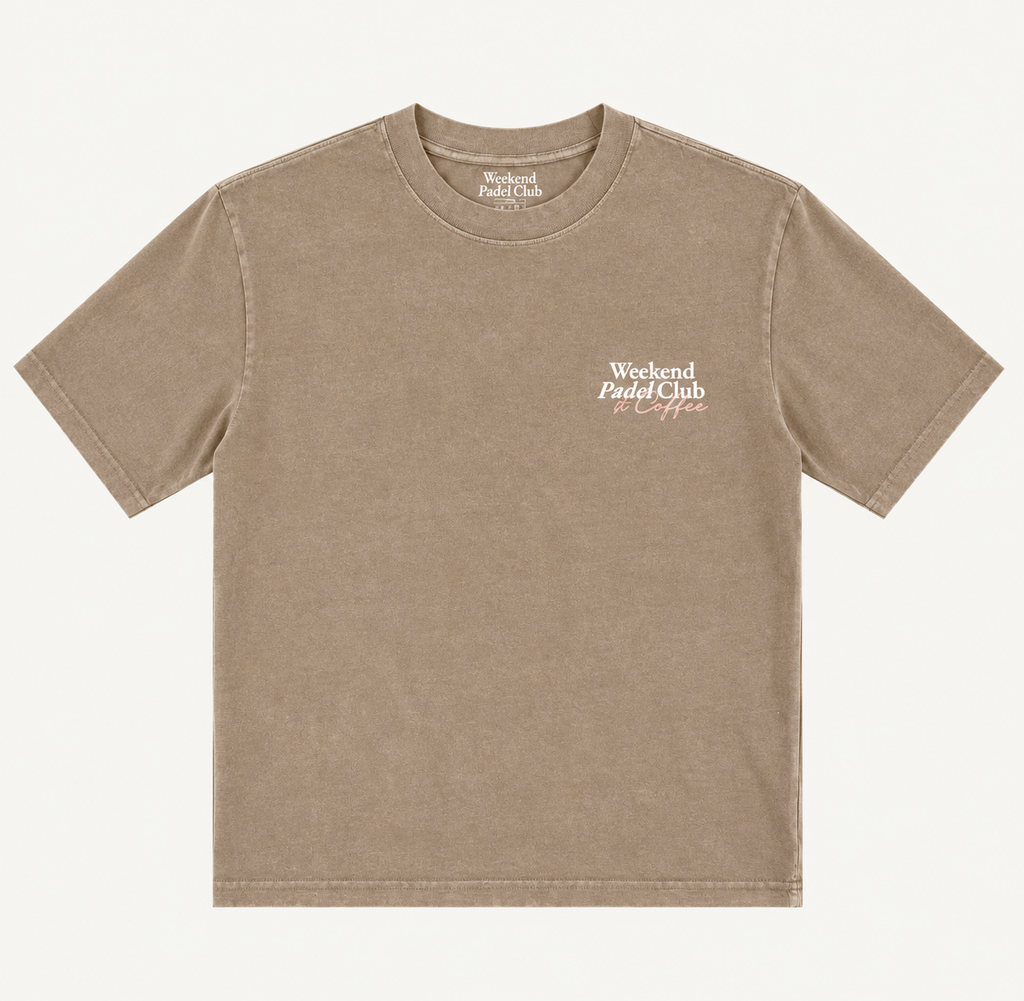 A faded brown tshirt with Weekend Padel Club & Coffee branding on the front chest