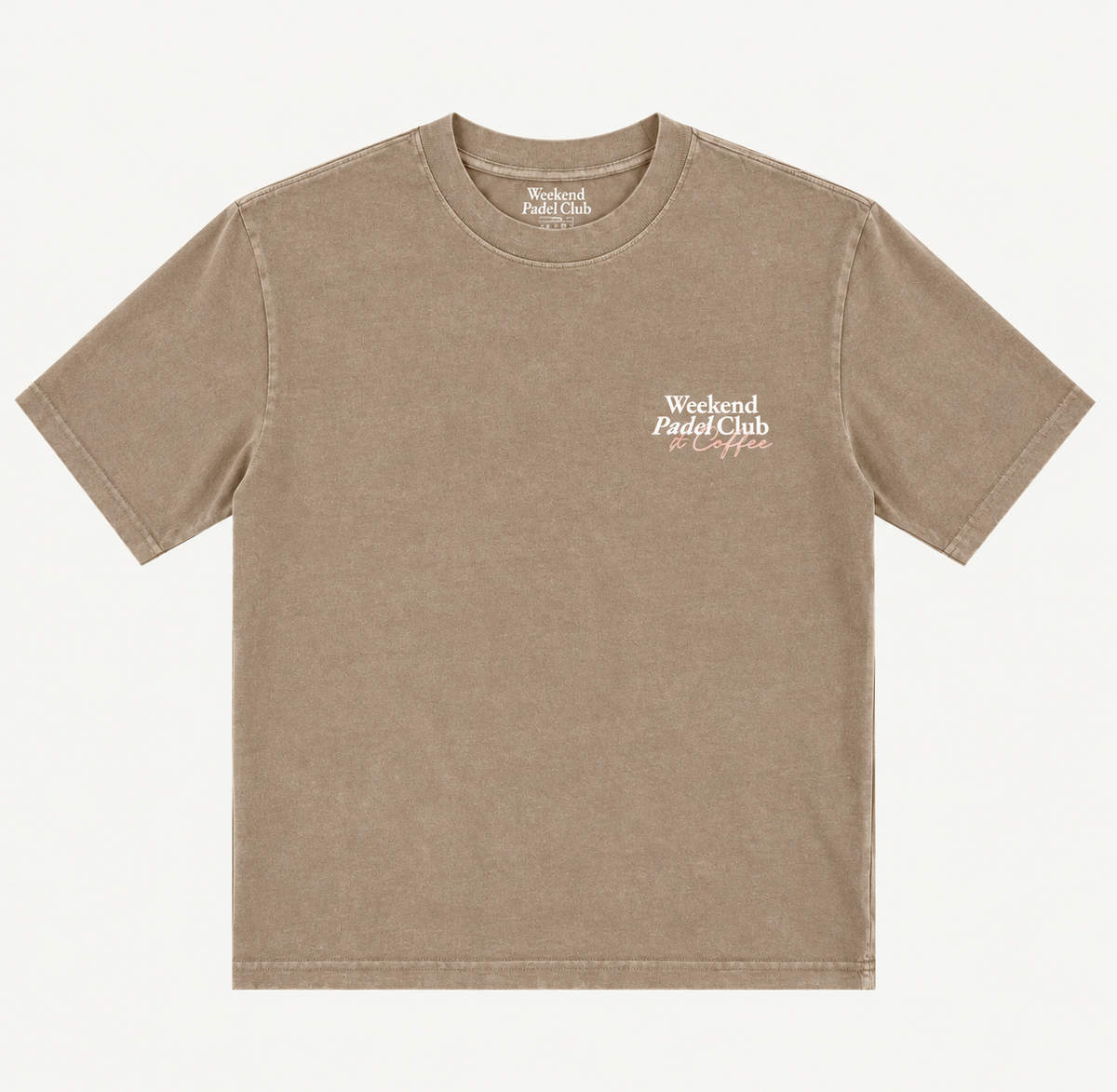 A faded brown tshirt with Weekend Padel Club & Coffee branding on the front chest