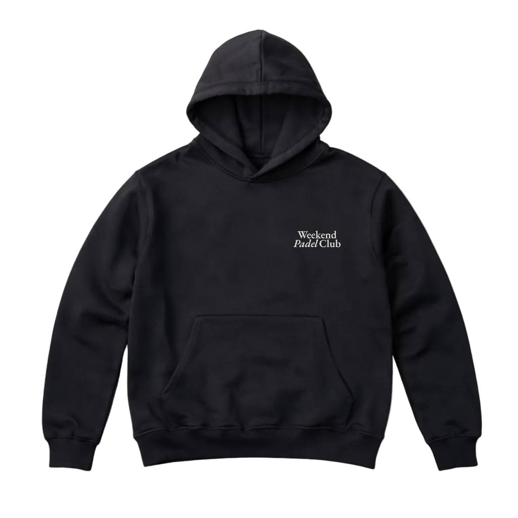 Black hoodie with 'Weekend Paddle Club' text on a white background